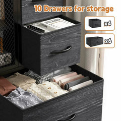 Tall Dresser 10 Drawers Dresser for Bedroom, Fabric Chests of Drawers with Metal Screen Door-Furniture > Dresser-48"H X 38"W X 11.8"D-Black-snhomee