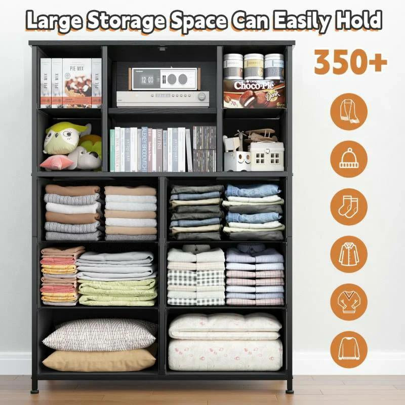 Tall Dresser 10 Drawers Dresser for Bedroom, Fabric Chests of Drawers with Metal Screen Door-Furniture > Dresser-48"H X 38"W X 11.8"D-Black-snhomee