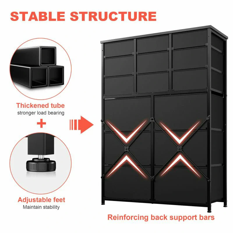 Dresser for Bedroom with 15 Drawers, Sturdy Metal Frame & Wood Top, Top Large Fabric Chest of Drawers, Closet, Livingroom-Furniture > Dresser-37.8"W x 11.8"D x 52.4"H-Black-snhomee