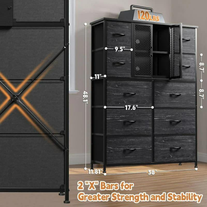 Tall Dresser 10 Drawers Dresser for Bedroom, Fabric Chests of Drawers with Metal Screen Door-Furniture > Dresser-48"H X 38"W X 11.8"D-Black-snhomee