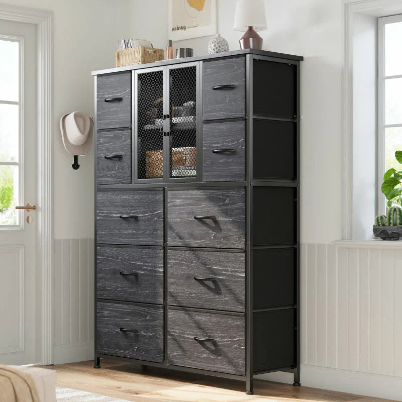 Tall Dresser 10 Drawers Dresser for Bedroom, Fabric Chests of Drawers with Metal Screen Door-Furniture > Dresser-48"H X 38"W X 11.8"D-Black-snhomee