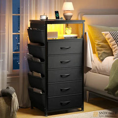 Tall Nightstand with USB Charging Station & Built-in LED Light - Modern Bedside Table with Wireless Charger, Bedroom Furniture for Small Spaces, No Tools Assembly-Furniture > Nightstand-Black-snhomee