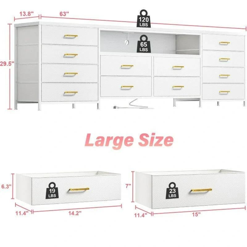 75 Inch TV Stand with 12 Drawers - Heavy-Duty Media Console for 65-80" TVs, Steel Frame Dresser with Anti-Tip Design, No Tools Assembly Entertainment Center for Living Room/Bedroom/Gaming Setup-Dresser TV Stand-White-snhomee