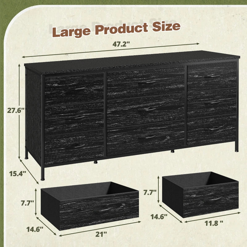 Dresser TV Stand with 9 Drawers, Sturdy Metal Frame & Wood Top, Bedroom, Living Room, Hallway-Furniture > Dresser-47.2" D x 15.3" W x27.5" H-Grey-snhomee