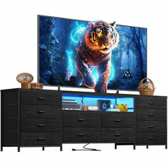 75 Inch TV Stand with 12 Drawers - Heavy-Duty Media Console for 65-80" TVs, Steel Frame Dresser with Anti-Tip Design, No Tools Assembly Entertainment Center for Living Room/Bedroom/Gaming Setup-Dresser TV Stand-Black-snhomee