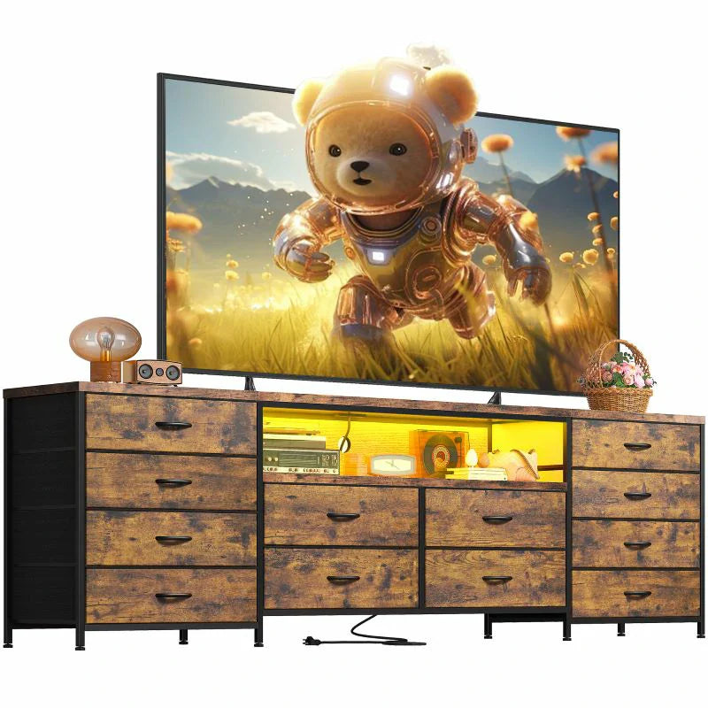 75 Inch TV Stand with 12 Drawers - Heavy-Duty Media Console for 65-80" TVs, Steel Frame Dresser with Anti-Tip Design, No Tools Assembly Entertainment Center for Living Room/Bedroom/Gaming Setup-Dresser TV Stand-Rustic Brown-snhomee