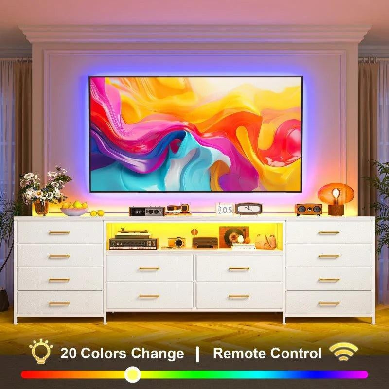 75 Inch TV Stand with 12 Drawers - Heavy-Duty Media Console for 65-80" TVs, Steel Frame Dresser with Anti-Tip Design, No Tools Assembly Entertainment Center for Living Room/Bedroom/Gaming Setup-Dresser TV Stand-White-snhomee