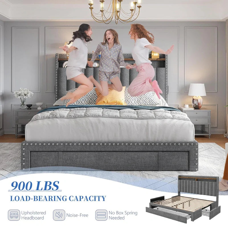 Snhomee Heavy Duty Platform Bed Frame with Storage Drawers - Silent 1200LB Capacity, No Box Spring Needed, Upholstered Headboard