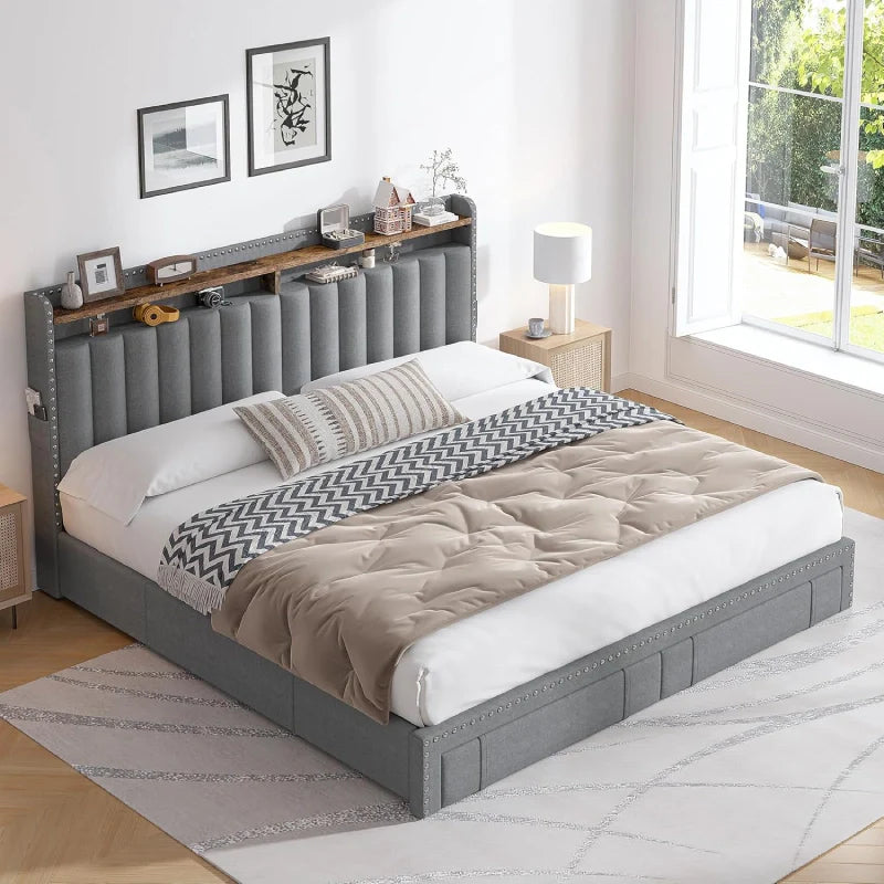 Snhomee Heavy Duty Platform Bed Frame with Storage Drawers - Silent 1200LB Capacity, No Box Spring Needed, Upholstered Headboard