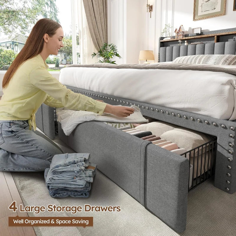 Snhomee Heavy Duty Platform Bed Frame with Storage Drawers - Silent 1200LB Capacity, No Box Spring Needed, Upholstered Headboard