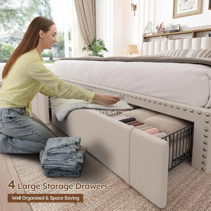 Snhomee Heavy Duty Platform Bed Frame with Storage Drawers - Silent 1200LB Capacity, No Box Spring Needed, Upholstered Headboard