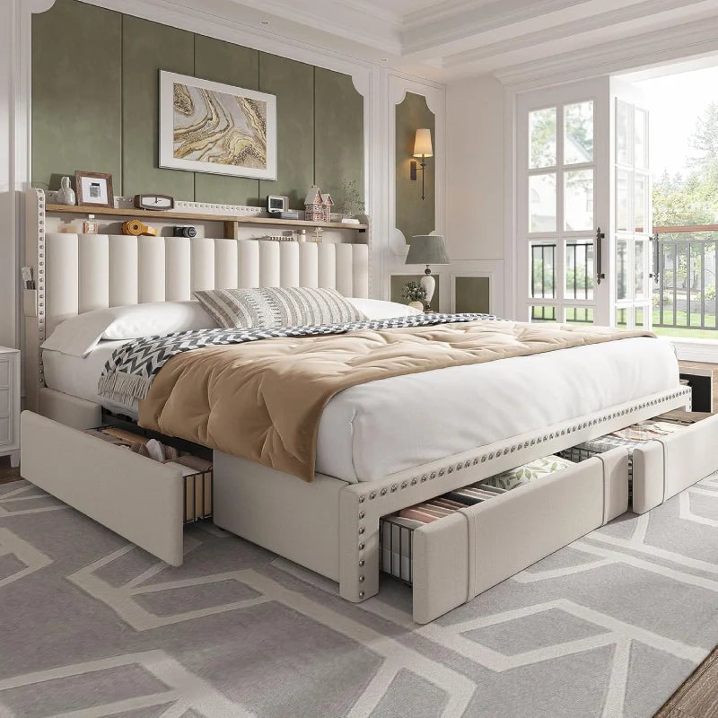 Snhomee Heavy Duty Platform Bed Frame with Storage Drawers - Silent 1200LB Capacity, No Box Spring Needed, Upholstered Headboard