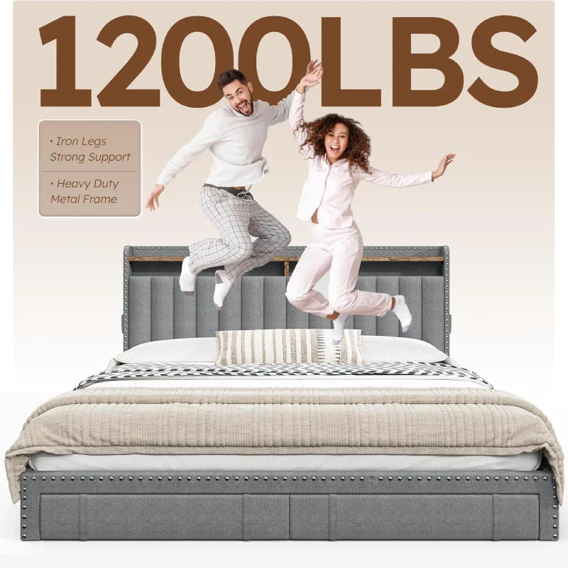 Snhomee Heavy Duty Platform Bed Frame with Storage Drawers - Silent 1200LB Capacity, No Box Spring Needed, Upholstered Headboard