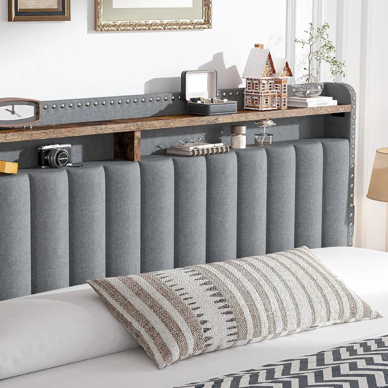 Snhomee Heavy Duty Platform Bed Frame with Storage Drawers - Silent 1200LB Capacity, No Box Spring Needed, Upholstered Headboard