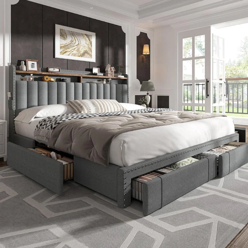 Snhomee Heavy Duty Platform Bed Frame with Storage Drawers - Silent 1200LB Capacity, No Box Spring Needed, Upholstered Headboard