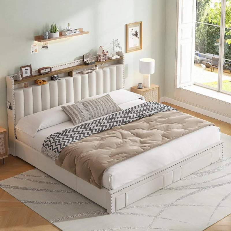 Snhomee Heavy Duty Platform Bed Frame with Storage Drawers - Silent 1200LB Capacity, No Box Spring Needed, Upholstered Headboard