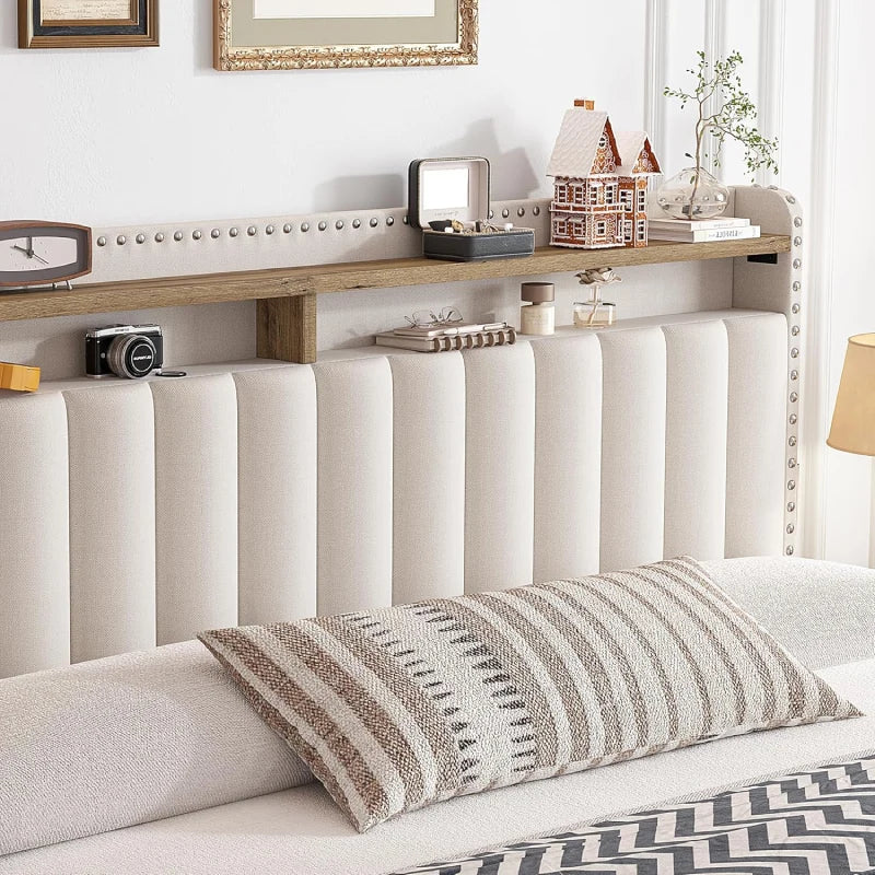 Snhomee Heavy Duty Platform Bed Frame with Storage Drawers - Silent 1200LB Capacity, No Box Spring Needed, Upholstered Headboard