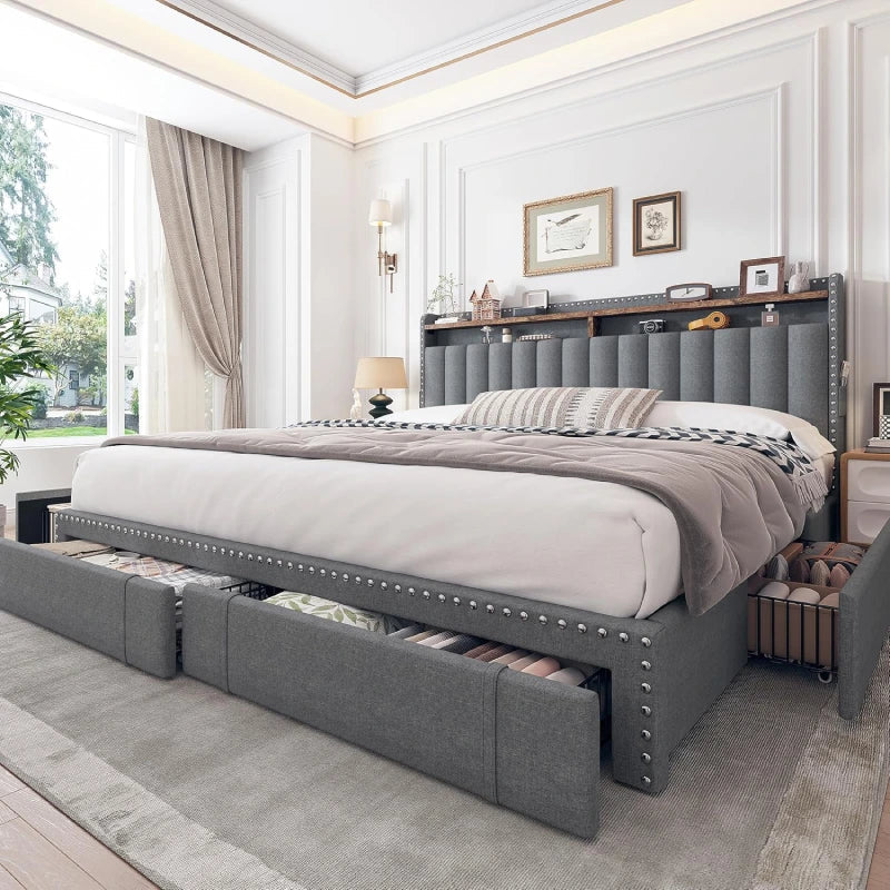 Snhomee Heavy Duty Platform Bed Frame with Storage Drawers - Silent 1200LB Capacity, No Box Spring Needed, Upholstered Headboard