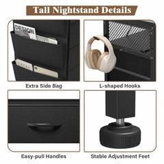 Tall Nightstand with USB Charging Station & Built-in LED Light - Modern Bedside Table with Wireless Charger, Bedroom Furniture for Small Spaces, No Tools Assembly-Furniture > Nightstand-Black-snhomee