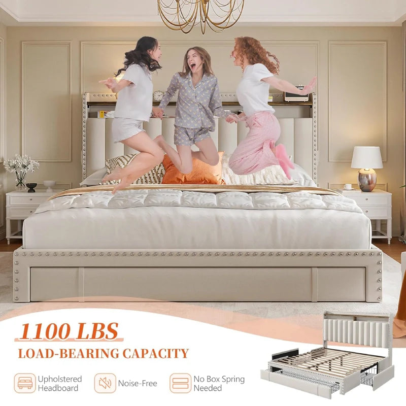 Snhomee Heavy Duty Platform Bed Frame with Storage Drawers - Silent 1200LB Capacity, No Box Spring Needed, Upholstered Headboard