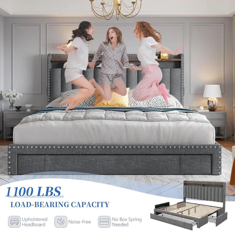 Snhomee Heavy Duty Platform Bed Frame with Storage Drawers - Silent 1200LB Capacity, No Box Spring Needed, Upholstered Headboard