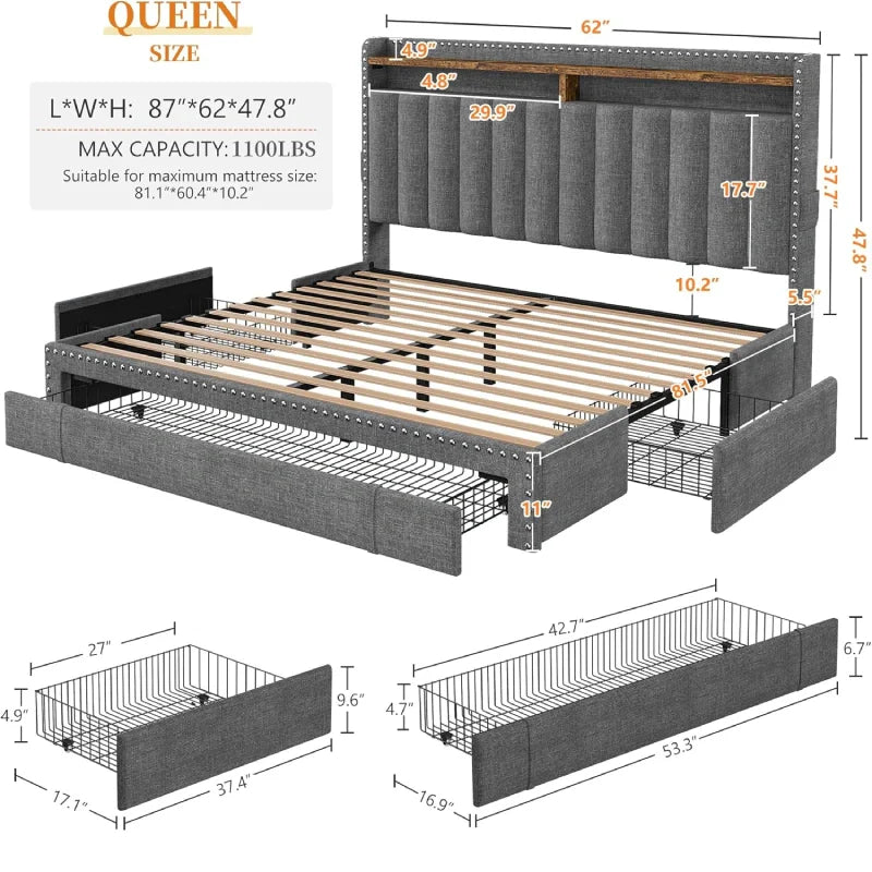 Snhomee Heavy Duty Platform Bed Frame with Storage Drawers - Silent 1200LB Capacity, No Box Spring Needed, Upholstered Headboard