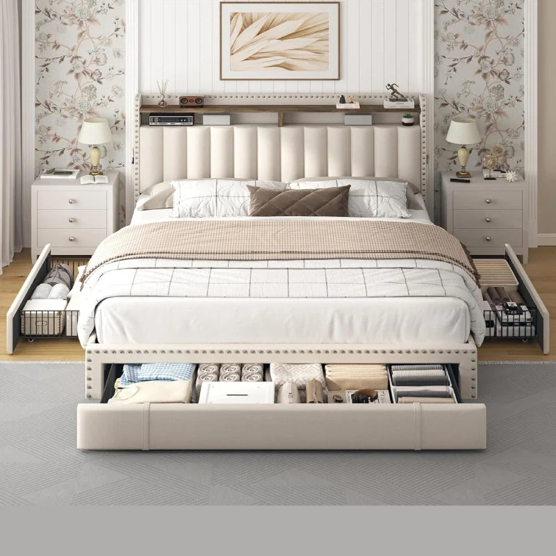 Snhomee Heavy Duty Platform Bed Frame with Storage Drawers - Silent 1200LB Capacity, No Box Spring Needed, Upholstered Headboard