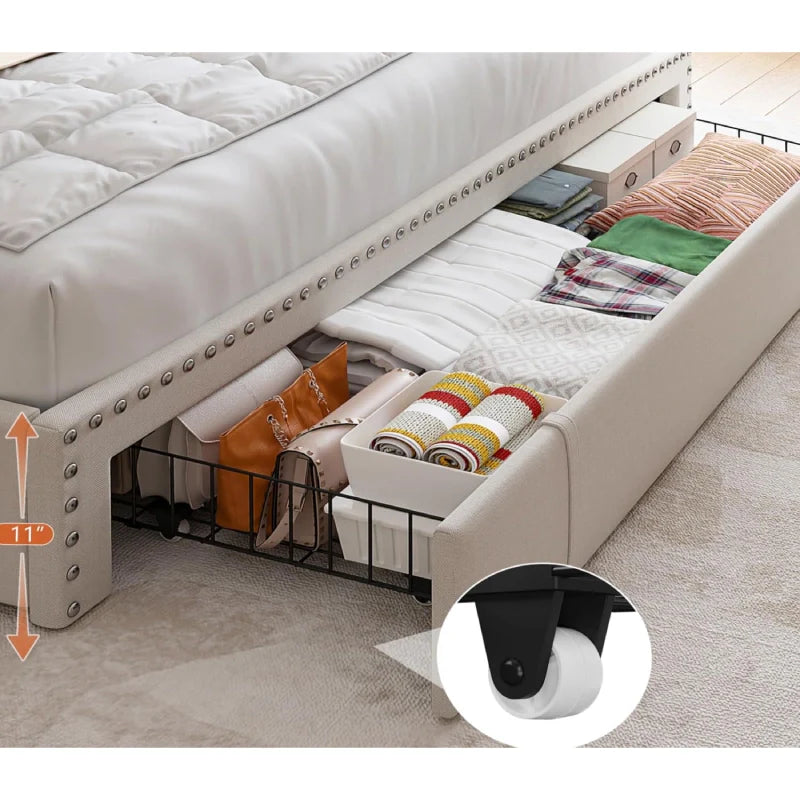Snhomee Heavy Duty Platform Bed Frame with Storage Drawers - Silent 1200LB Capacity, No Box Spring Needed, Upholstered Headboard