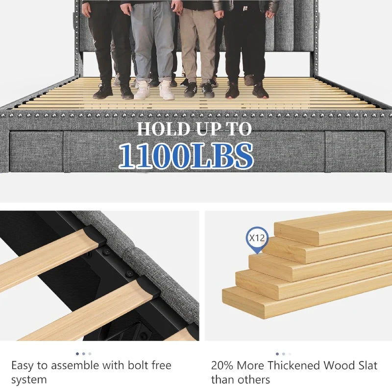 Snhomee Heavy Duty Platform Bed Frame with Storage Drawers - Silent 1200LB Capacity, No Box Spring Needed, Upholstered Headboard