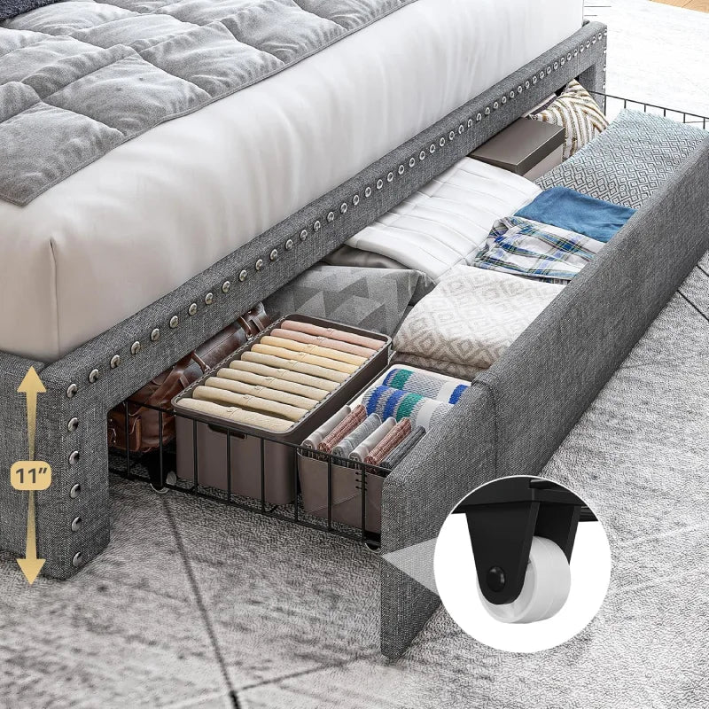 Snhomee Heavy Duty Platform Bed Frame with Storage Drawers - Silent 1200LB Capacity, No Box Spring Needed, Upholstered Headboard