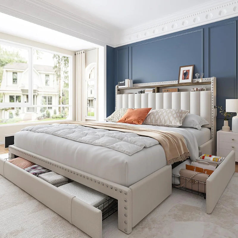 Snhomee Heavy Duty Platform Bed Frame with Storage Drawers - Silent 1200LB Capacity, No Box Spring Needed, Upholstered Headboard