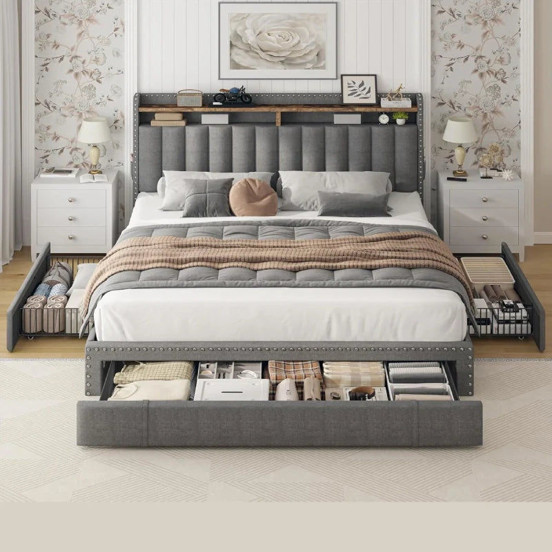 Snhomee Heavy Duty Platform Bed Frame with Storage Drawers - Silent 1200LB Capacity, No Box Spring Needed, Upholstered Headboard