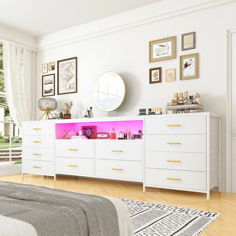 75 Inch TV Stand with 12 Drawers - Heavy-Duty Media Console for 65-80" TVs, Steel Frame Dresser with Anti-Tip Design, No Tools Assembly Entertainment Center for Living Room/Bedroom/Gaming Setup-Dresser TV Stand-White-snhomee
