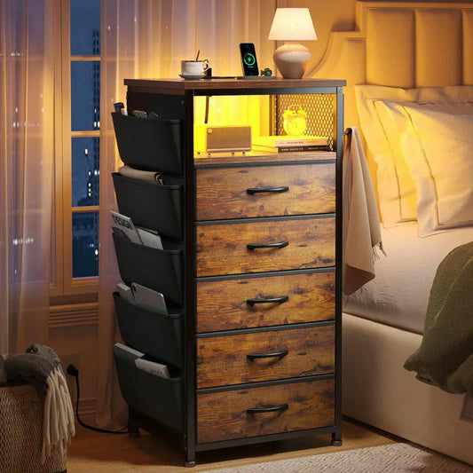 Tall Nightstand with USB Charging Station & Built-in LED Light - Modern Bedside Table with Wireless Charger, Bedroom Furniture for Small Spaces, No Tools Assembly-Furniture > Nightstand-Brown-snhomee 800
