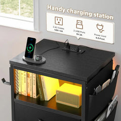 Tall Nightstand with USB Charging Station & Built-in LED Light - Modern Bedside Table with Wireless Charger, Bedroom Furniture for Small Spaces, No Tools Assembly-Furniture > Nightstand-Black-snhomee