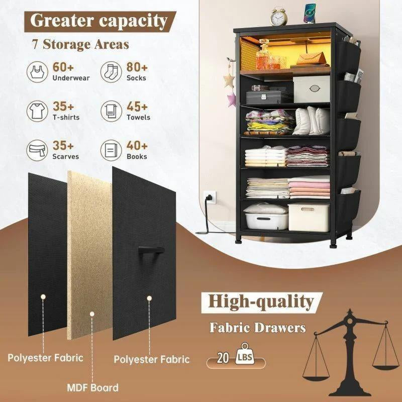 Tall Nightstand with USB Charging Station & Built-in LED Light - Modern Bedside Table with Wireless Charger, Bedroom Furniture for Small Spaces, No Tools Assembly-Furniture > Nightstand-Black-snhomee