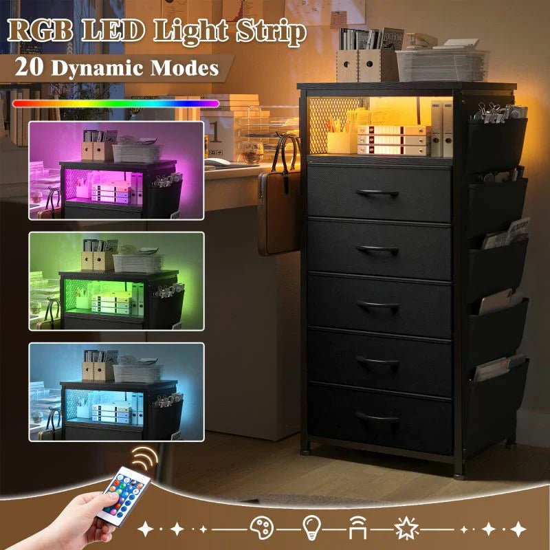 Tall Nightstand with USB Charging Station & Built-in LED Light - Modern Bedside Table with Wireless Charger, Bedroom Furniture for Small Spaces, No Tools Assembly-Furniture > Nightstand-Black-snhomee
