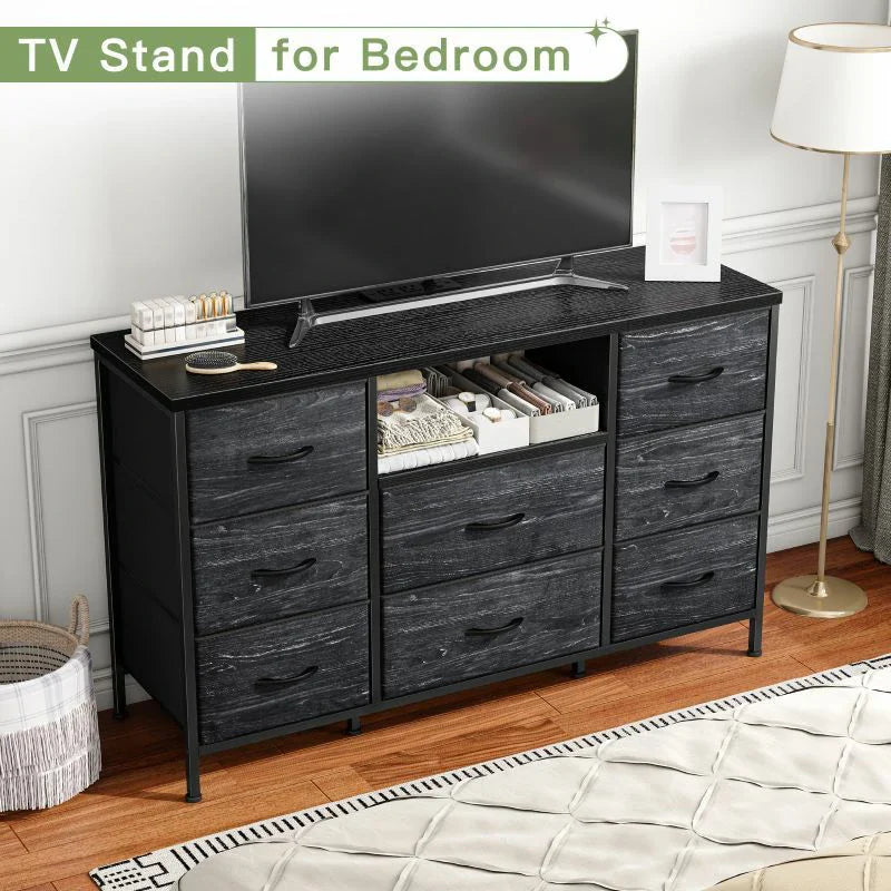Raybee Wide Dresser TV Stand with 8 Drawers-Furniture > Console Table-39.4" L x 11.8" W x29.7" H-Black-snhomee