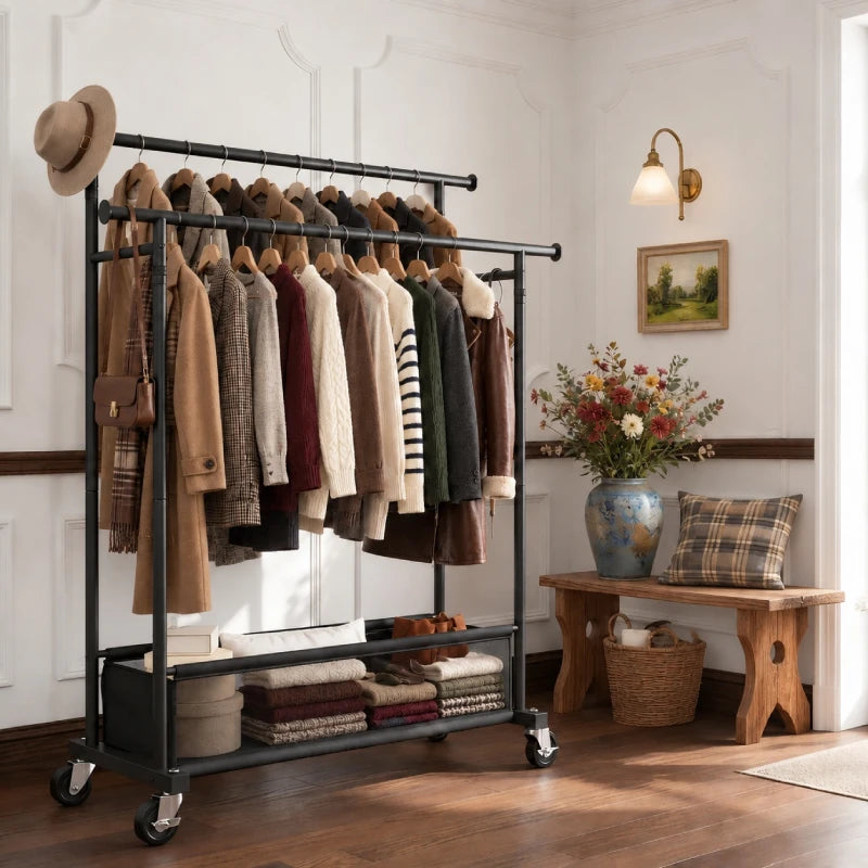 From bedrooms and dressing rooms to laundry spaces and boutiques, this versatile garment rack with storage adapts to multiple organization needs.
