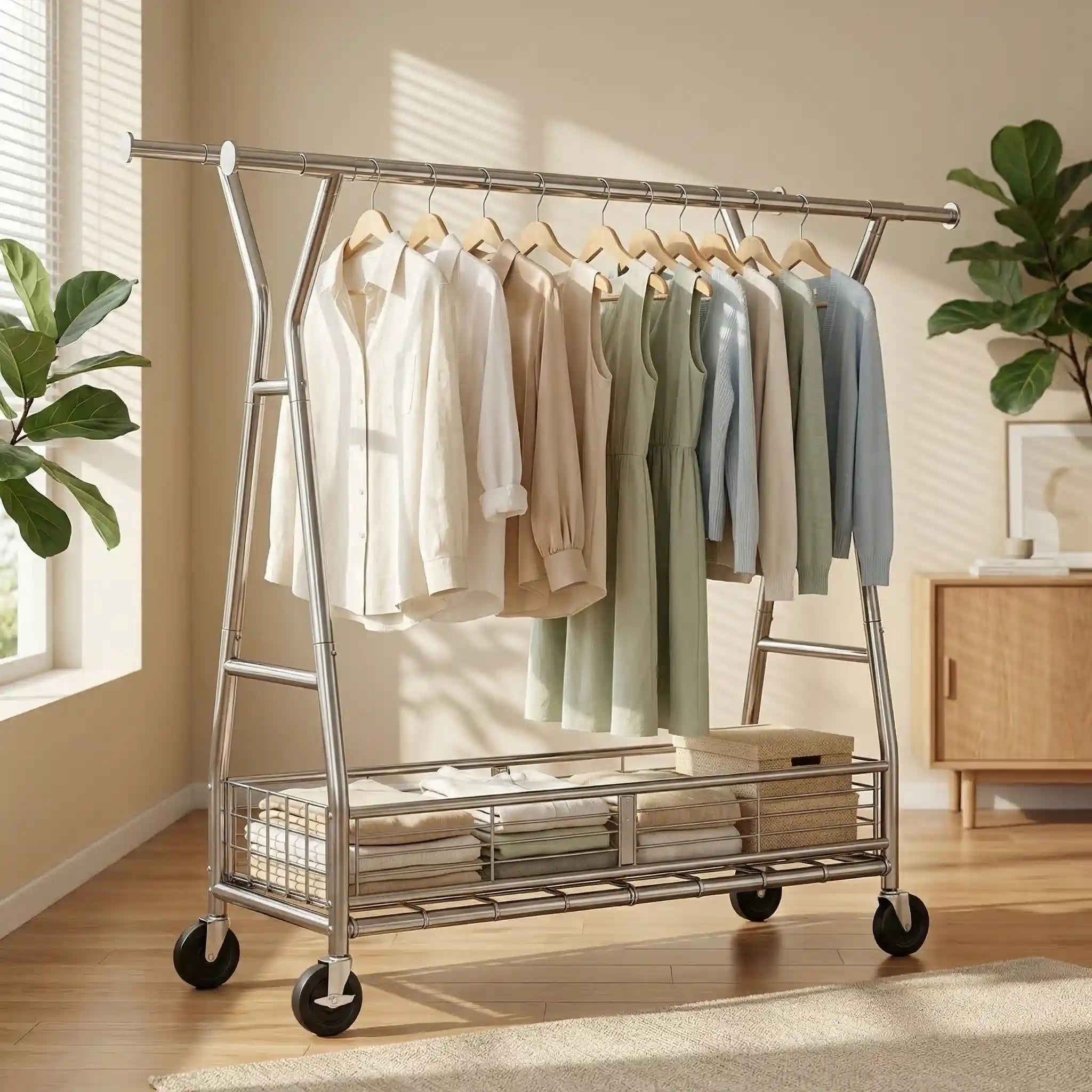 Adjustable Roll Rack Snhomee Heavy Duty Rolling Garment Rack with Shelves, 70