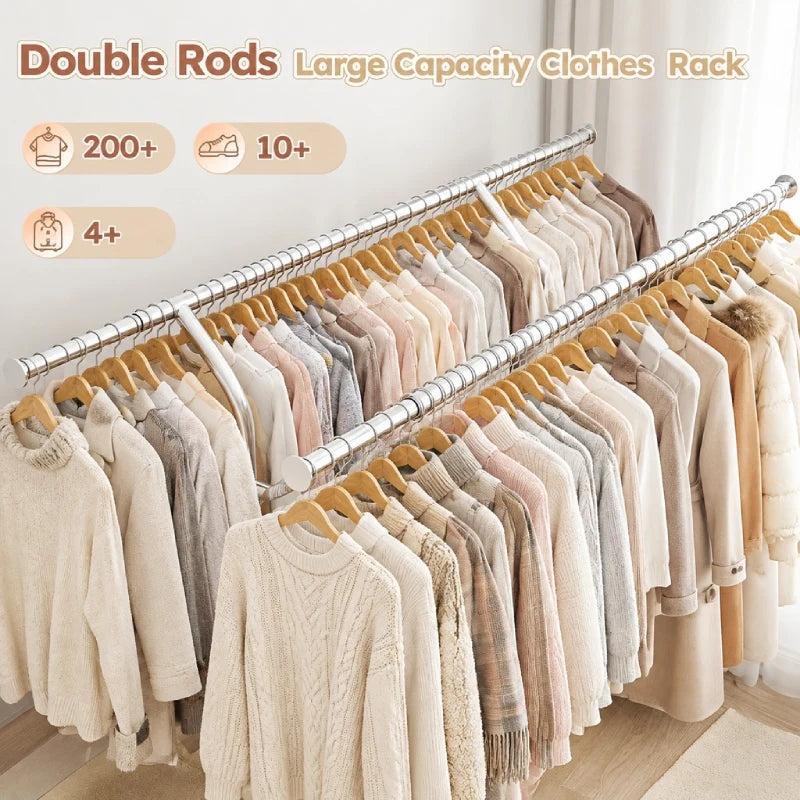 The hanging rods holding over 200 garments without wrinkling—even thick winter coats and oversized outfits.