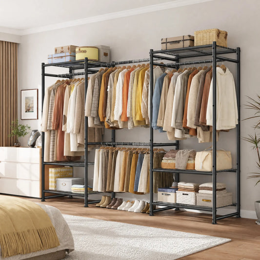 SNHOMEE 86.6"W Adjustable Heavy-Duty Garment Rack, 3-Column Expandable Freestanding Closet Organizer - 1200 lbs Capacity, for Hanging Clothes 2000