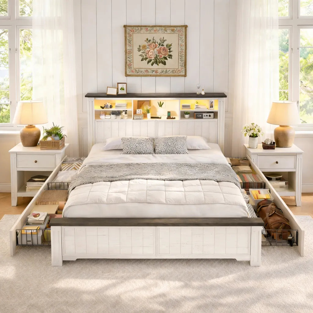 Snhomee Platform Storage Bed Frame with 4 Drawers & LED Charging Headboard, 900 lbs Support, Farmhouse Style, Easy Assembly, No Box Spring Required