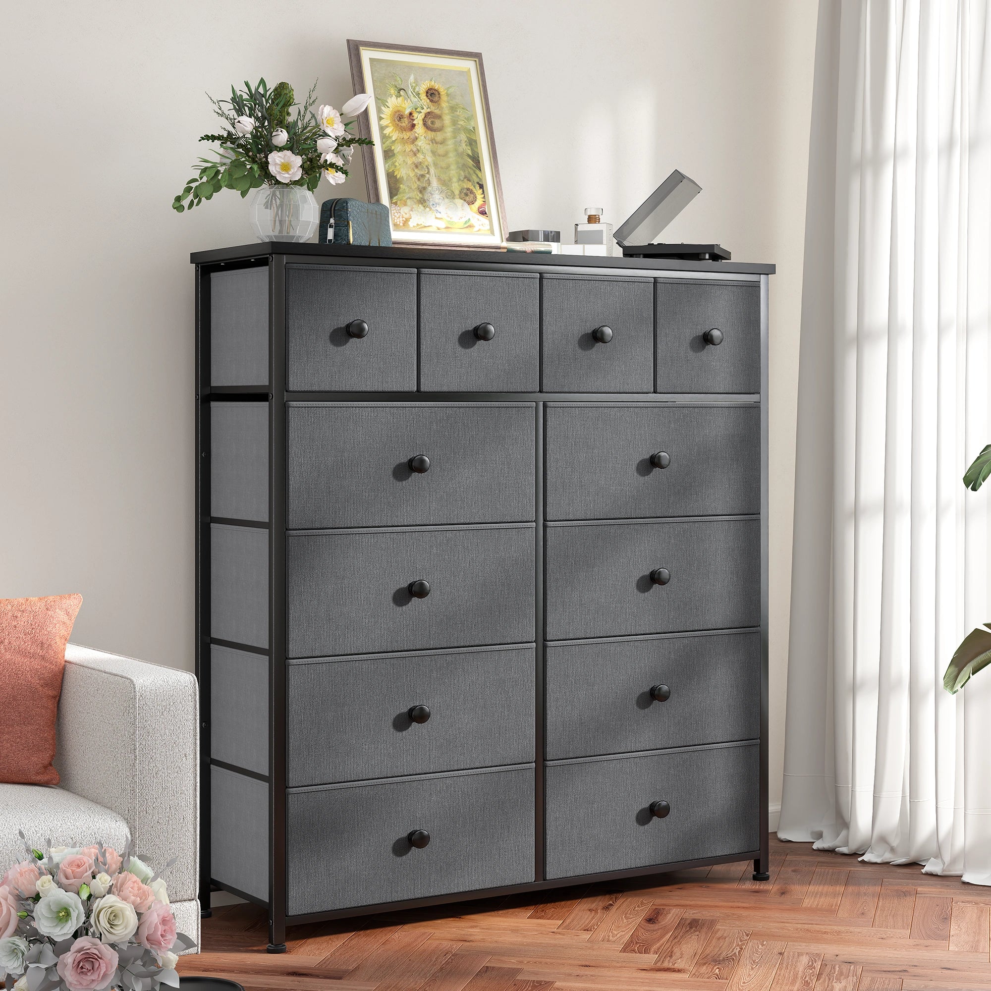 Snhomee 12-Drawer Tall Dresser for Bedroom  - Fabric & Metal Storage Organizer with Wood Top, Anti-Tip Design, Space-Saving, Closet, Entryway, Dorm Furniture, Back to school