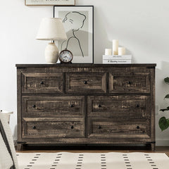 Scene display of a black walnut cabinet, with a seven-drawer chest displayed in the living room setting, paired with a carpet