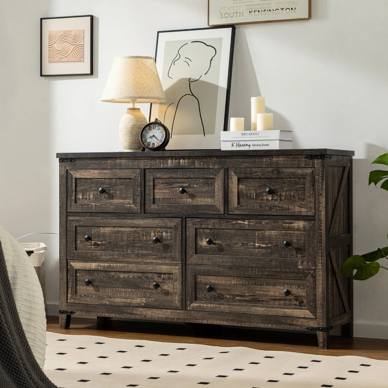 Scene display of a black walnut cabinet, with a seven-drawer chest displayed in the living room setting, paired with a carpet