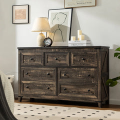 Scene display of a black walnut cabinet, with a seven-drawer chest displayed in the living room setting, paired with a carpet