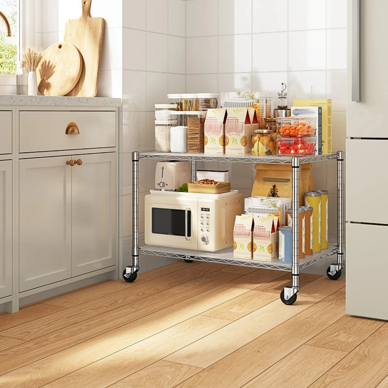 Snhomee 35.4" W Shelving Units with Wheels & Gaskets, 2-Tier Wire Rack Shelving Height Adjustable for Living Room, Kitchen & Bathroom