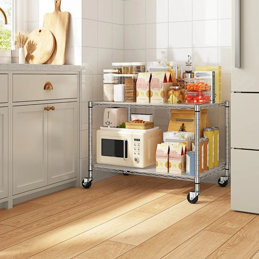 Snhomee 35.4" W Shelving Units with Wheels & Gaskets, 2-Tier Wire Rack Shelving Height Adjustable for Living Room, Kitchen & Bathroom 800