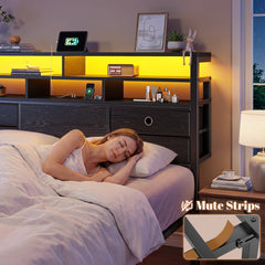Snhomee Bed Frame with Storage Headboard & 4 Drawers, Metal Platform Bed with LED Lights & USB Charging Station, No Noise, Under Bed Storage, for Apartment & Guest Room
